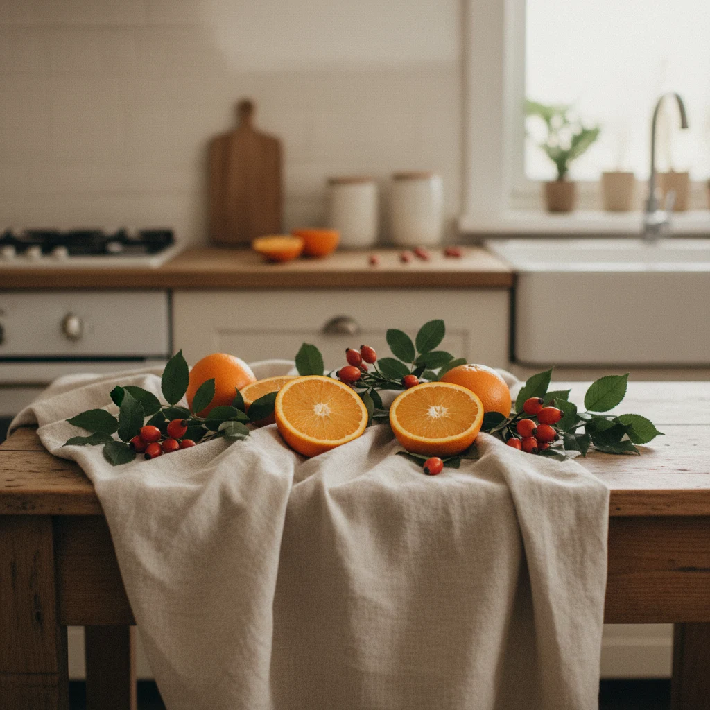 Verse citrusfruit sinaasappels en rozenbottel op een lichte keukentafel