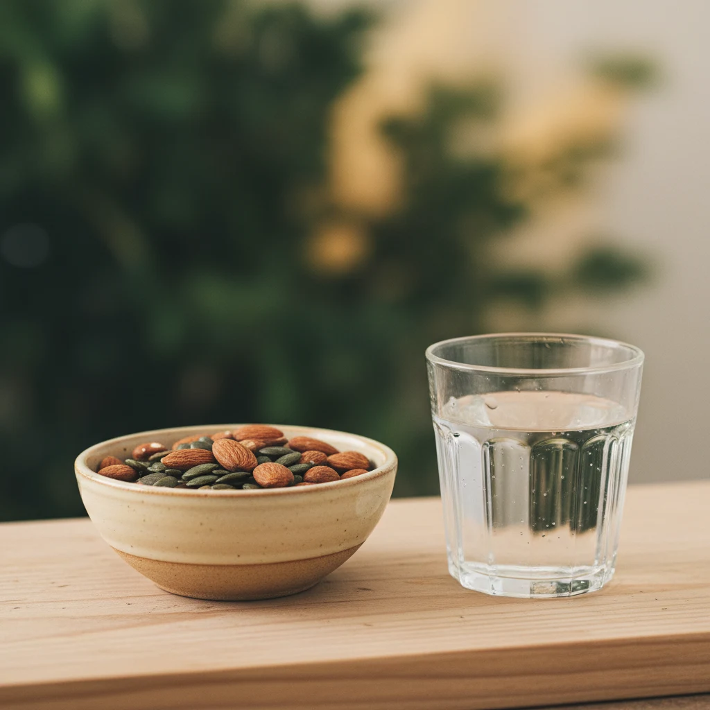 Amandelen pompoenpitten en een glas mineraalwater op een houten tafel