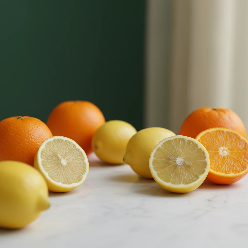Verse sinaasappels en citroen op een lichte marmeren ondergrond - vitamine C