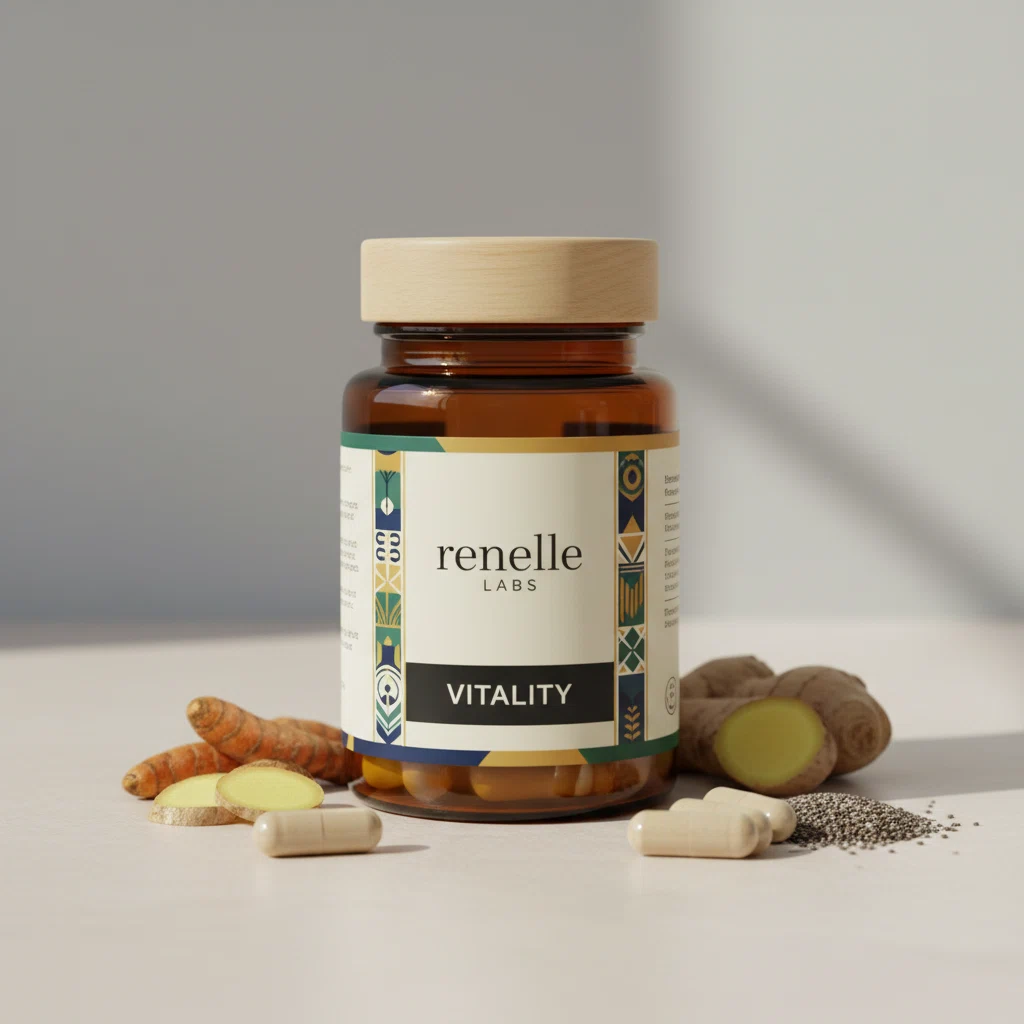 Renelle Labs amber glazen pot met zwarte dop, 90 capsules voedingssupplement